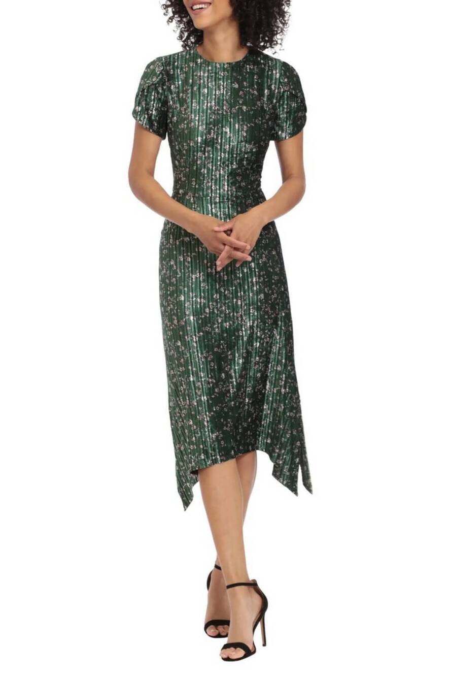 NEW MAGGY LONDON velvet hanky hem midi party dress in green floral